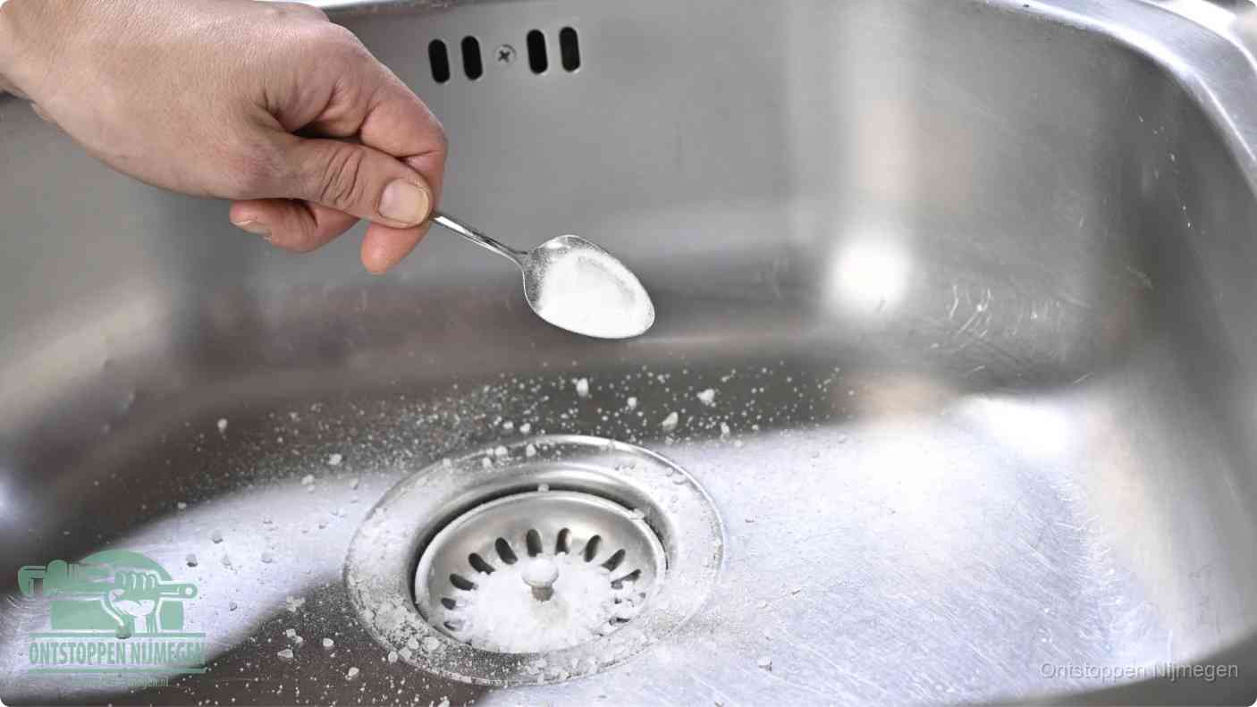Een hand strooit met een lepel soda in de afvoer van een roestvrijstalen spoelbak, de soda en azijn huismiddel-methode om de afvoer te ontstoppen in Nijmegen