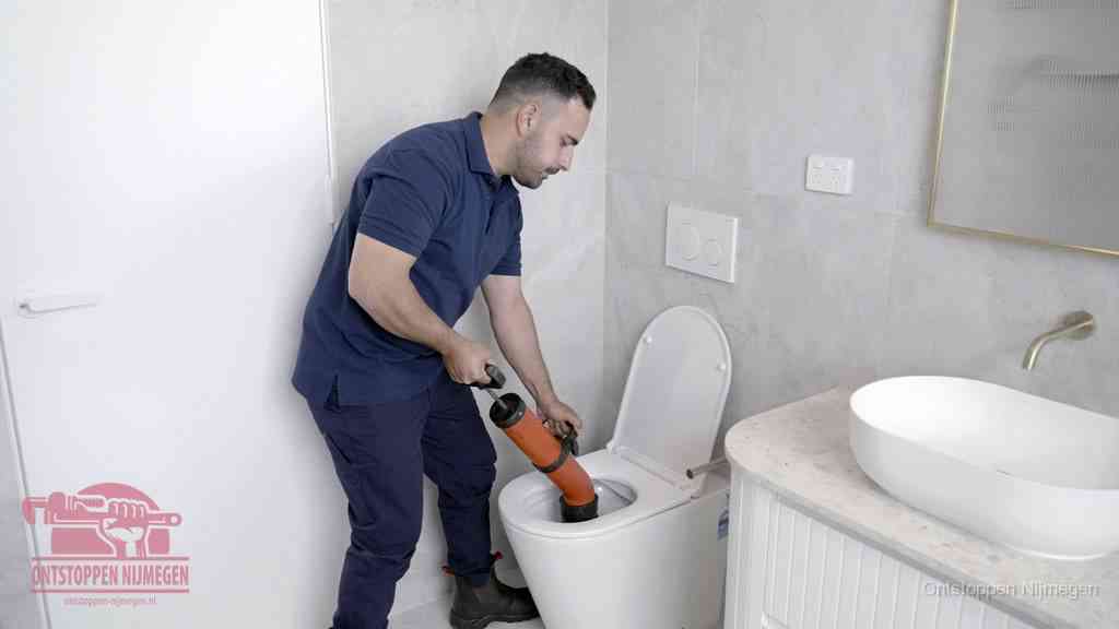 Een monteur gebruikt een handmatige perspomp (toiletontstopper) op een wandcloset tijdens het professioneel wc ontstoppen in Nijmegen